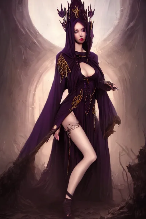 Prompt: Dark Fantasy portrait, Necromancer, female, gorgeous, beautiful face, dark garments, dark pruple robes, gold bracelet, Black cloak from neck to ankles, fishnets pantyhose, kiss, pin-up, shapely toned derriere, matte painting, by WLOP, Frank Franzzeta and Sakimichan, artstation