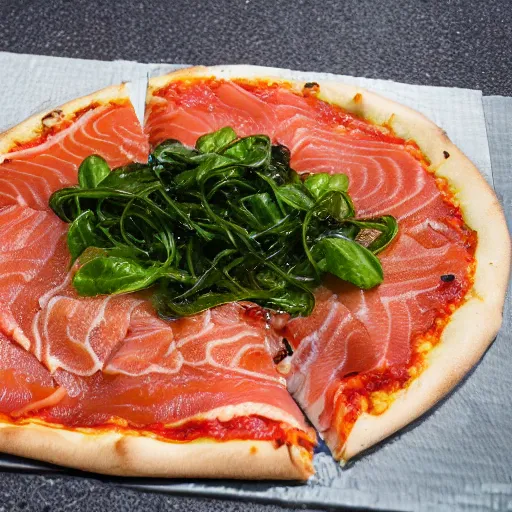 Prompt: a pizza with soy sauce, raw salmon, and seaweed