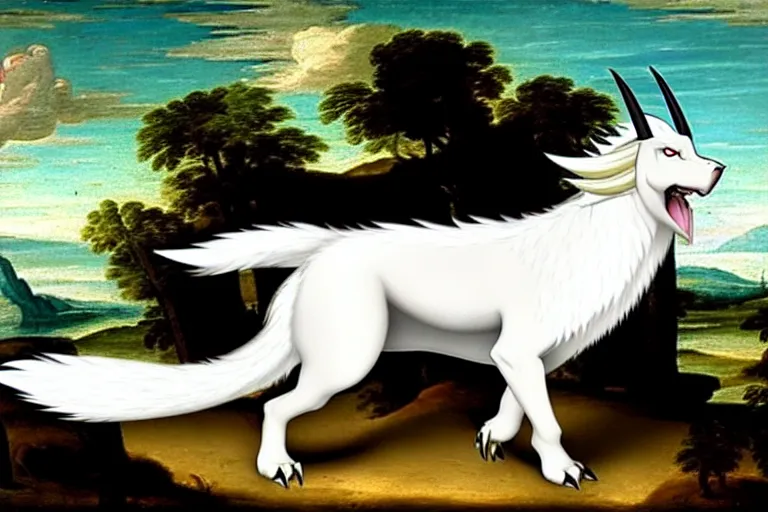 Image similar to a white feathered wolf with a bladed horn and tail. a renaissance oil painting of absol in the style of a pokemon snap screenshot.