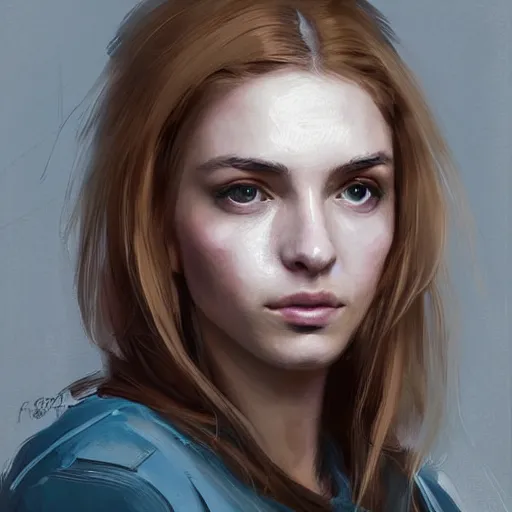 Image similar to Portrait of a woman by Greg Rutkowski, she is about 30 years old, pretty, blond hair with two strans around her face, slavic features, melancholic gaze, pretty aquiline nose, she is wearing a blue utilitarian jumpsuit, highly detailed portrait, digital painting, artstation, concept art, smooth, sharp foccus ilustration, Artstation HQ.