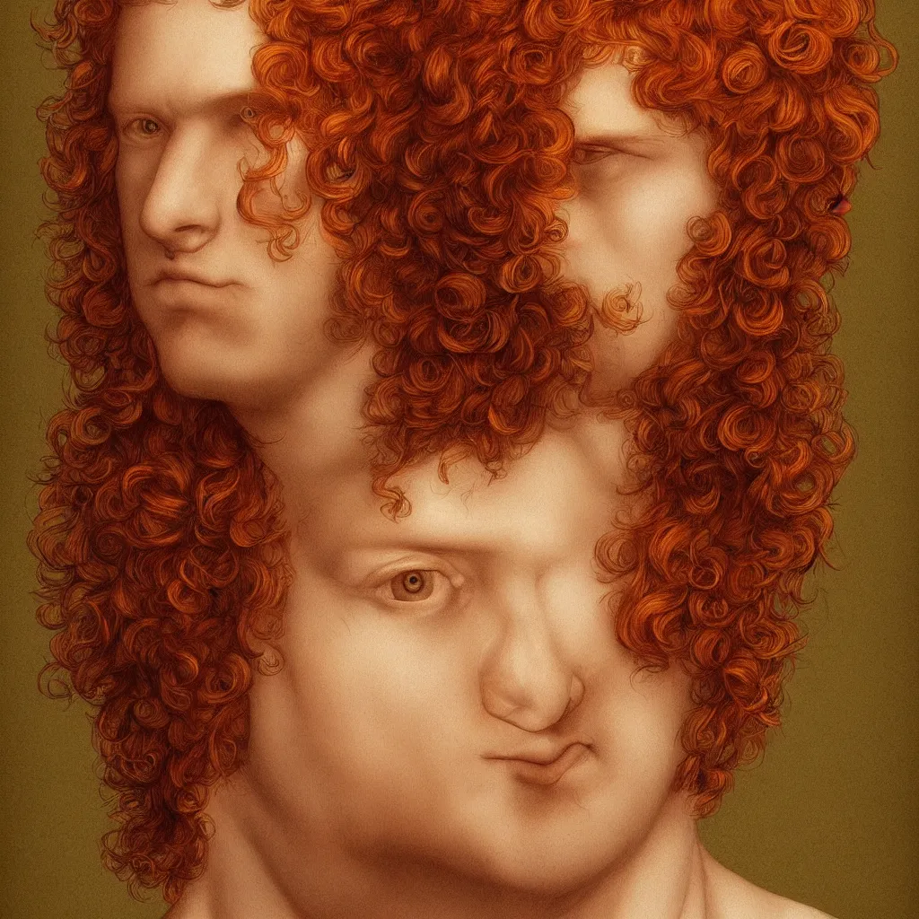 Image similar to illustration of a short curly orange hair man as a portrait, smooth, reflects, masterpiece artwork, ultra detailed, artgerm, style by leonardo da vinci, digital art, trending on artstation, behance, deviantart