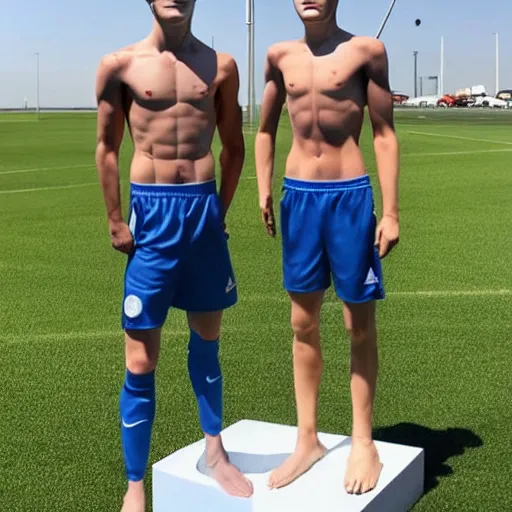 Image similar to a realistic detailed photo of a guy who is an attractive humanoid who is half robot and half humanoid, who is a male android, soccer players martin ødegaard & timo werner, shiny skin, posing like a statue, blank stare, by the pool, on display, showing off his muscles