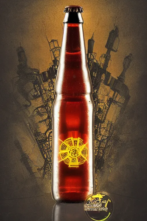 Image similar to product photo of a beer bottle, beer is called tripmachine, realistic digital art, label on the bottle is printed with a 3 d render of a huge futuristic steampunk generator, 8 k, fluorescent colors, halluzinogenic, multicolored, exaggerated detailed, unreal engine