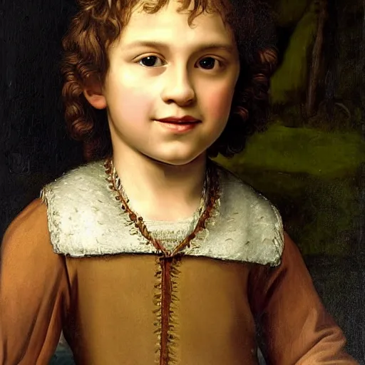 Image similar to small caucasian boy with a curly mullet and brown eyes, renaissance portrait, vinatge painting royal painting