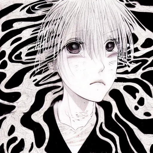 Image similar to Yoshitaka Amano blurred and dreamy illustration of an anime girl with black eyes, wavy white hair fluttering in the wind and cracks on her face wearing black and white hawaiian shirt, abstract black and white patterns in the background, noisy film grain effect, highly detailed, Renaissance oil painting, weird portrait angle