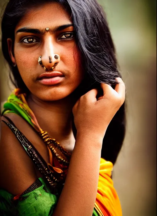 Prompt: color portrait Mid-shot of an beautiful 20-year-old Indian woman, street portrait in the style of Mario Testino award winning