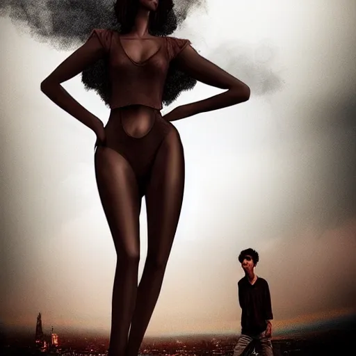 Prompt: a fashion model, creative, brown skin, digital art, photo manipulation, colossal, smoke, artstation, giant, street