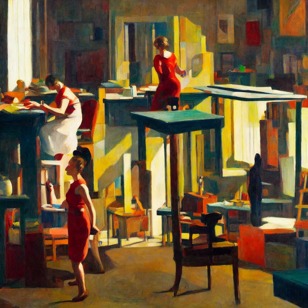 Image similar to painting of an artist, creating in her studio alone, in a huge eccentric studio filled with lots of incredible art, in the style of edward hopper