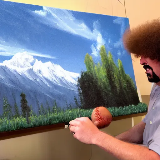 Image similar to a closeup photorealistic photograph of bob ross working on an image of kenny powers autographing a baseball on a canvas. mountains and trees. film still. brightly lit scene. this 4 k hd image is trending on artstation, featured on behance, well - rendered, extra crisp, features intricate detail, epic composition and the style of unreal engine.