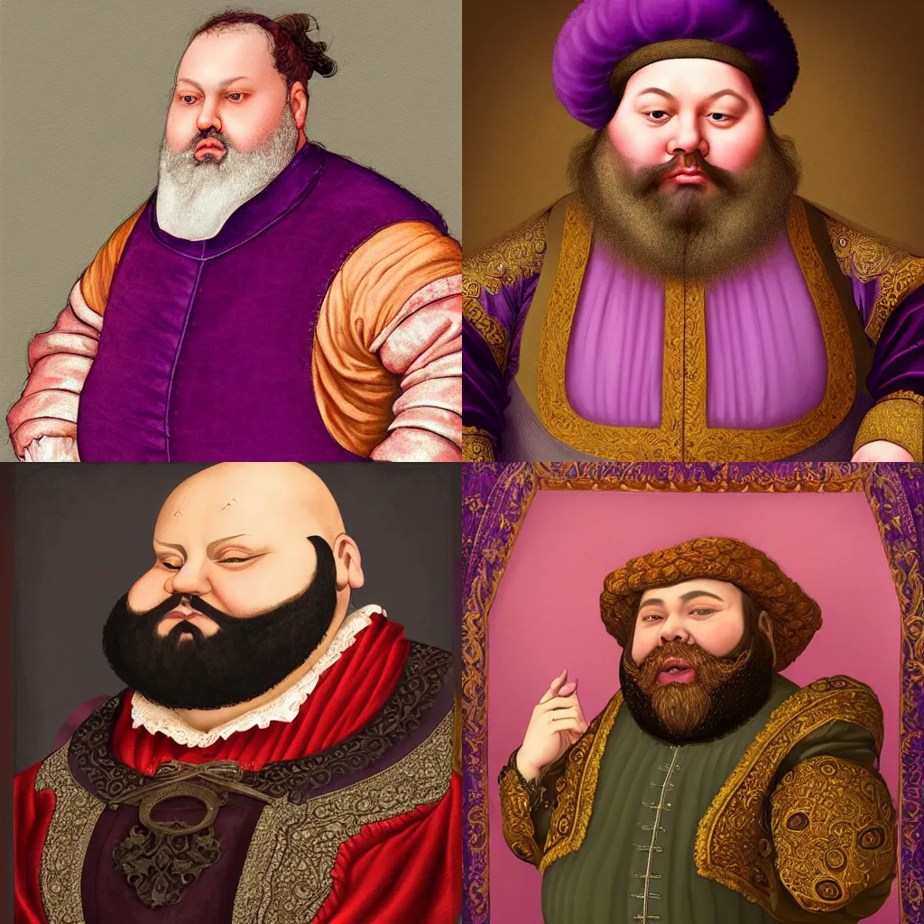 Prompt: A stunning portrait of a fat bearded renaissance era merchant wearing purple velvet finery. He has multiple chins and a huge gut. Epic fantasy art, award-winning on artstation, highly detailed, fantasy, d&d, intricate, elegant, epic lighting, digital painting, 8k ultra hd