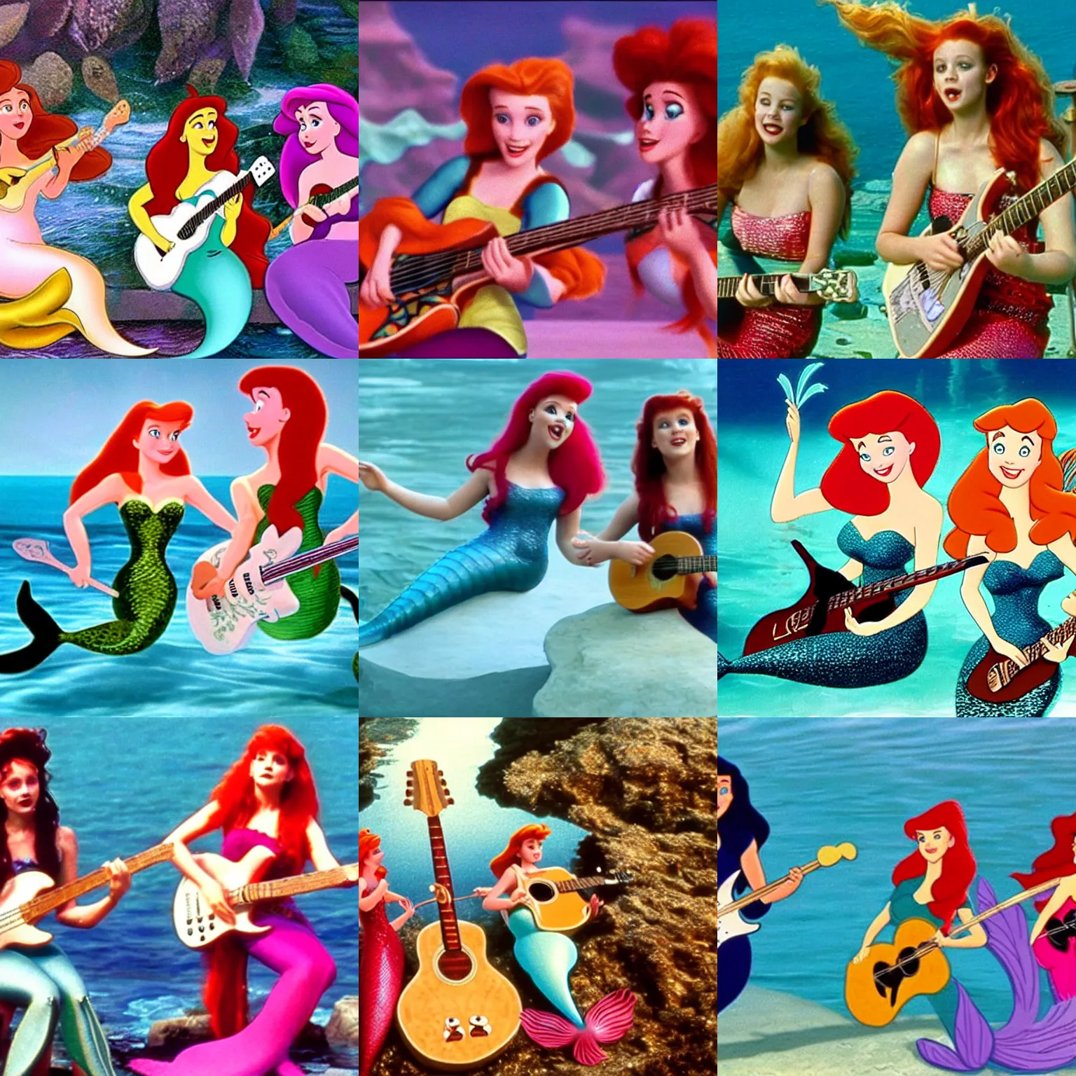 Prompt: mermaids playing guitars, a still photo from disney's'the little mermaid ( 1 9 8 9 )'