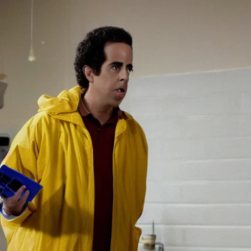 Image similar to Live Action Still of Young Jerry Seinfeld in Breaking Bad, real life, hyperrealistic, ultra realistic, realistic, highly detailed, detailed, very detailed, cool, ultra detailed, very realistic, trending on artstation, epic, HD quality, 8k resolution, body and headshot, film still, real, detailed face, very detailed face, real life