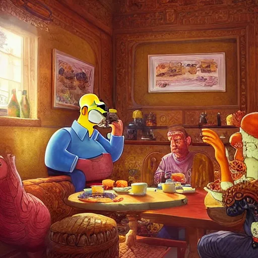 Prompt: Homer Simpson drinking tea in a Kurdish tea house, intricate, elegant, highly detailed, digital painting, artstation, concept art, matte, sharp focus, illustration, art by Artgerm and Greg Rutkowski and Enki Bilal