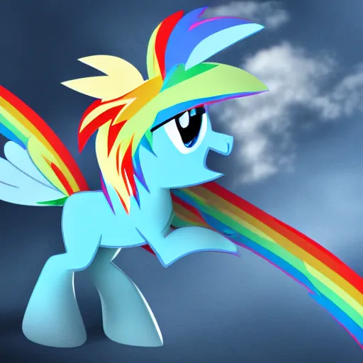Image similar to Rainbow Dash, Pegasus Photography, Pegasus, Light-blue coat with rainbow mane and tail, realistic 4k