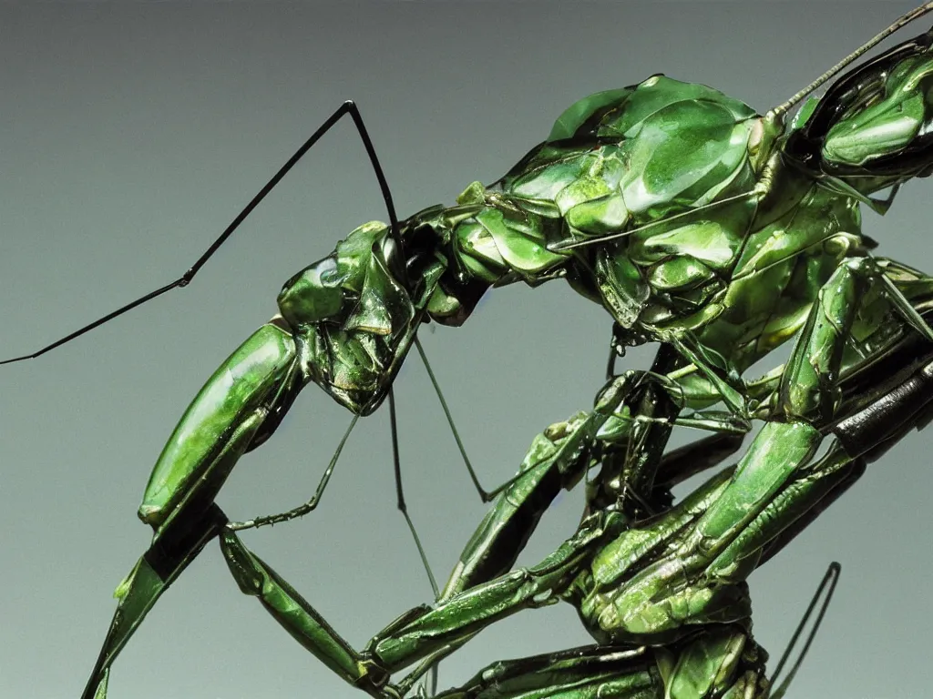 Prompt: close - up of a preying mantis made of polished obsidian facing the camera, smooth green background, peter gric, james ryman