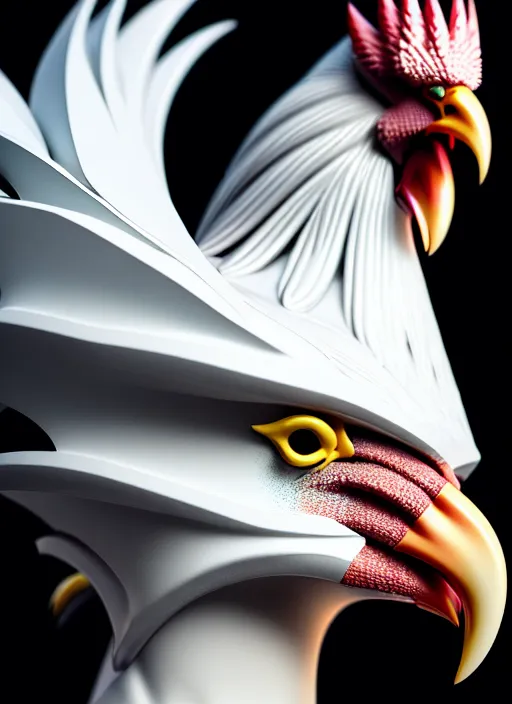 Prompt: hyper detailed ultra sharp portrait of a beautiful fashionable porcelain ivory cyberpunk scifi rooster, well contoured smooth colorful feathers, up close shot, sharp focus, global illumination, radiant light, black haute couture, alexandre ferra, irakli nadar, octane render, 4 k, ultra hd,