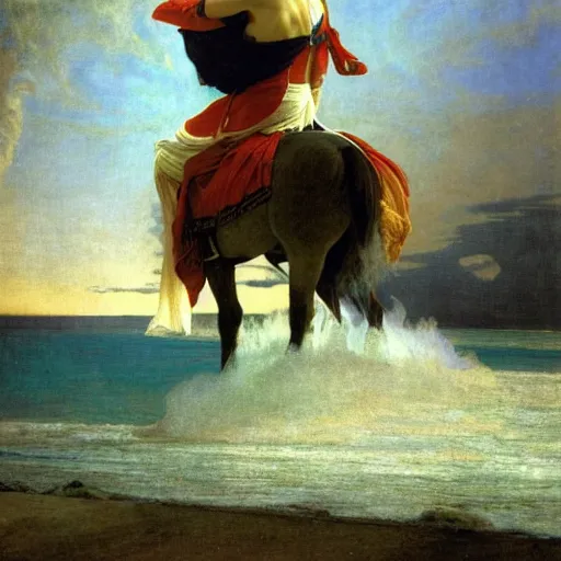 Image similar to Magician riding a horse leaving the castle through the bridge, thunderstorm, beach ocean on the background major arcana sky, by paul delaroche, alphonse mucha and arnold böcklin arnold böcklin hyperrealistic 8k, very detailed