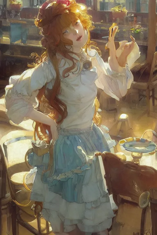 Prompt: A girl in a maid's outfit in a cafe a afternoon, wavy hair yellow theme,S line,45 angel by krenz cushart and mucha and slop and greg rutkowski