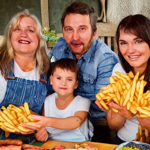 Prompt: A family eating Chips and wurstels for dinner