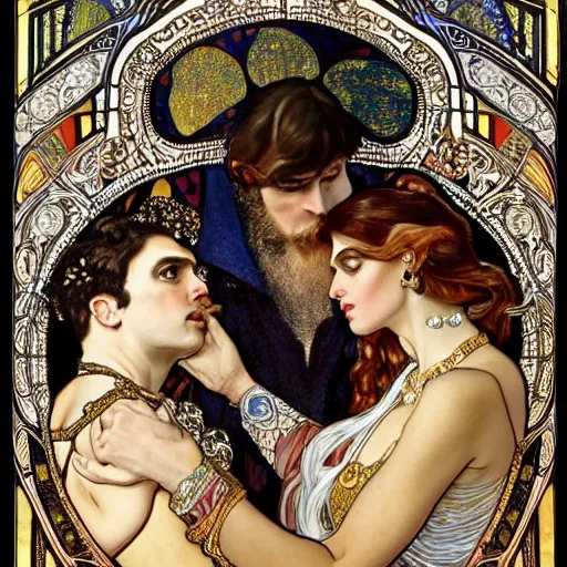 Prompt: realistic detailed dramatic symmetrical portrait of Samson and Dalida as Salome dancing, wearing an elaborate jeweled gown, by Alphonse Mucha and Gustav Klimt, gilded details, intricate spirals, coiled realistic serpents, Neo-Gothic, gothic, Art Nouveau, ornate medieval religious icon, long dark flowing hair spreading around her
