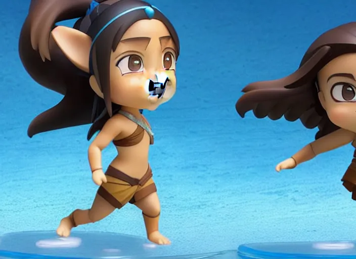 Image similar to katara from avatar as nendoroid is summoning a giant ocean wave in the croods movie style, anime, disney, pixar, 8 k, hd, dof, kodak film, volumetric lighting, subsurface scattering, photorealistic, octane render, details