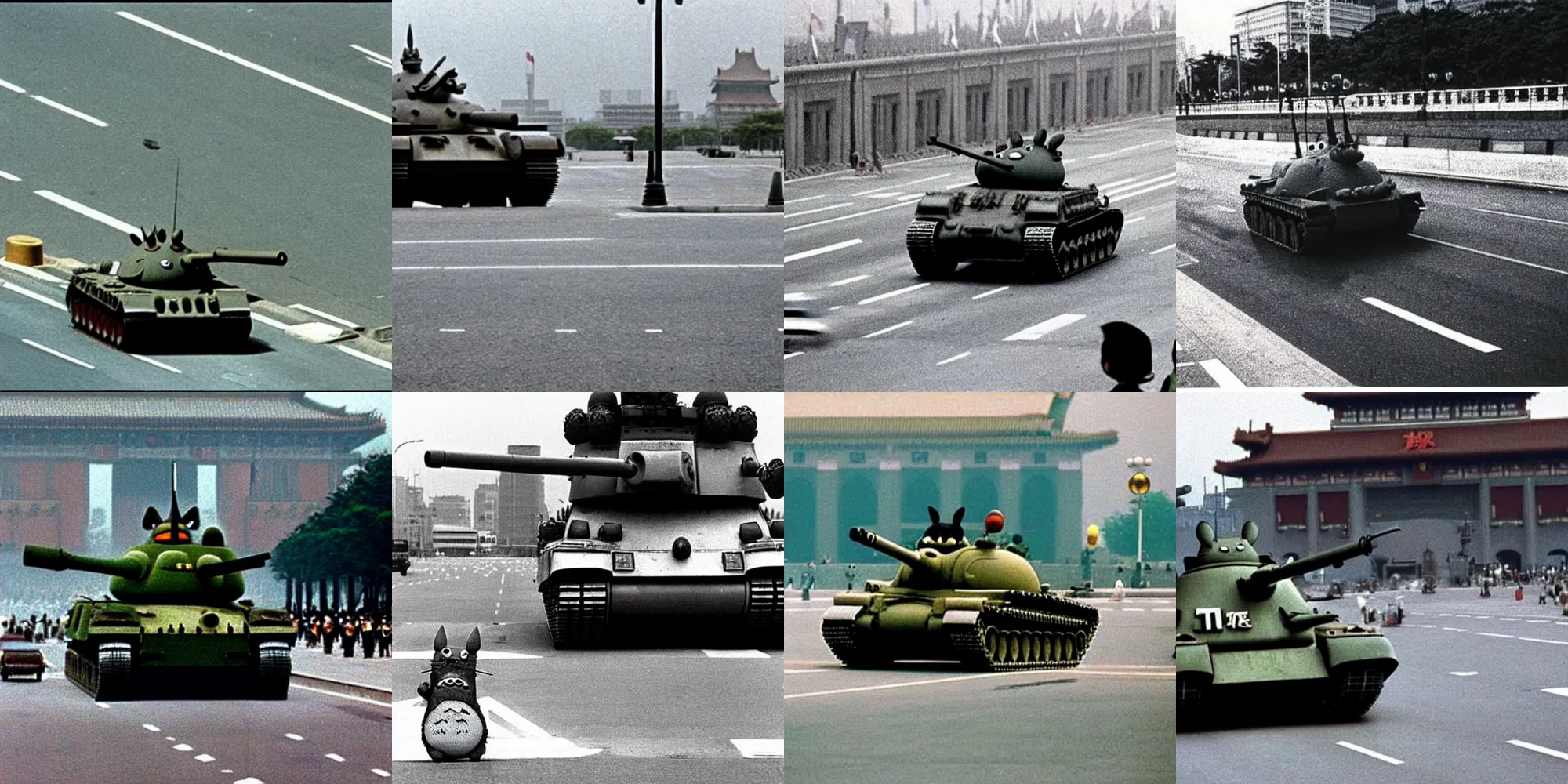 Prompt: A 35mm photo, of Totoro, standing bravely on the road, blocking a tank in Tiananmen square, style of Tiananmen square tank man photo (1989)