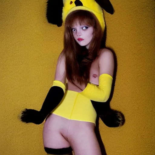 Prompt: tiktok girl in a furry pikachu costume, wearing stockings, photo by David Hamilton for Pirelli Calendar