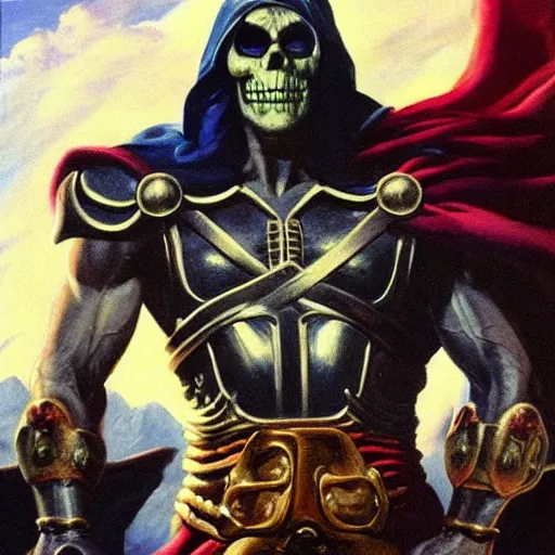 Image similar to ultra realistic portrait painting of skeletor as thor, art by frank frazetta, 4 k, ultra realistic, highly detailed, epic lighting