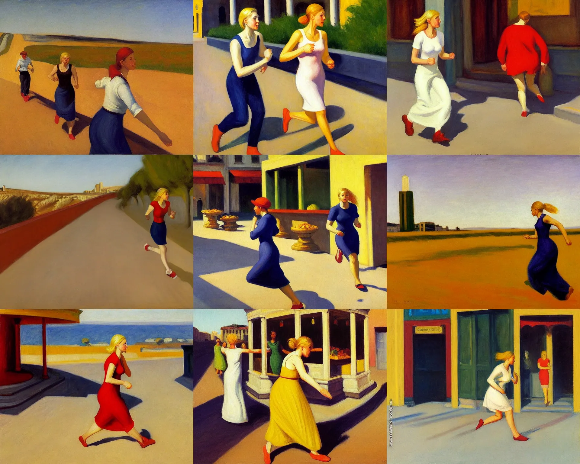 Prompt: blond lady running through israel, salsa vendor, oil on canvas by edward hopper