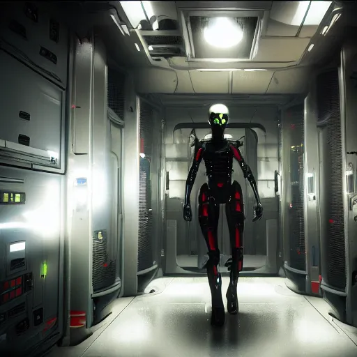 Image similar to anthropomorphic cyborg working in sci - fi server room. cinematic shot from alien isolation