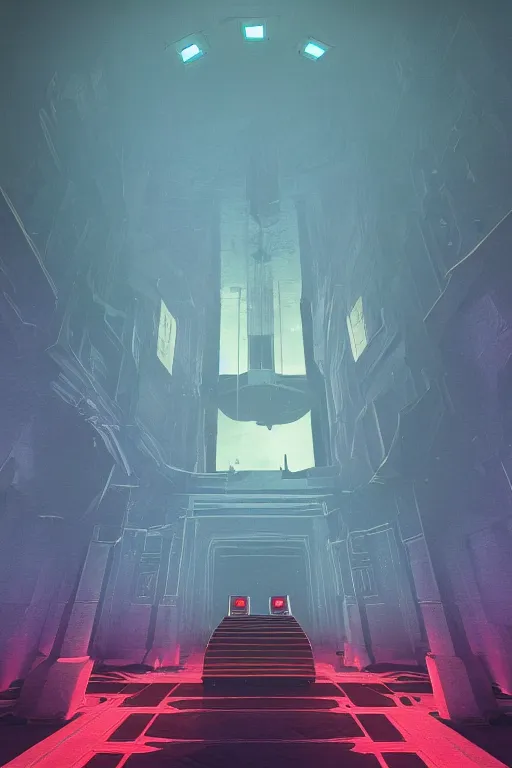 Image similar to Artwork by Beeple of the cinematic view of the Hall of Iron Agony, Infernal, Writings.