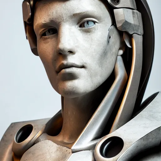 Image similar to a head and shoulders portrait of a female cyborg in her 20s, sculpture made of marble and aluminum, studio photography, cyberpunk lighting