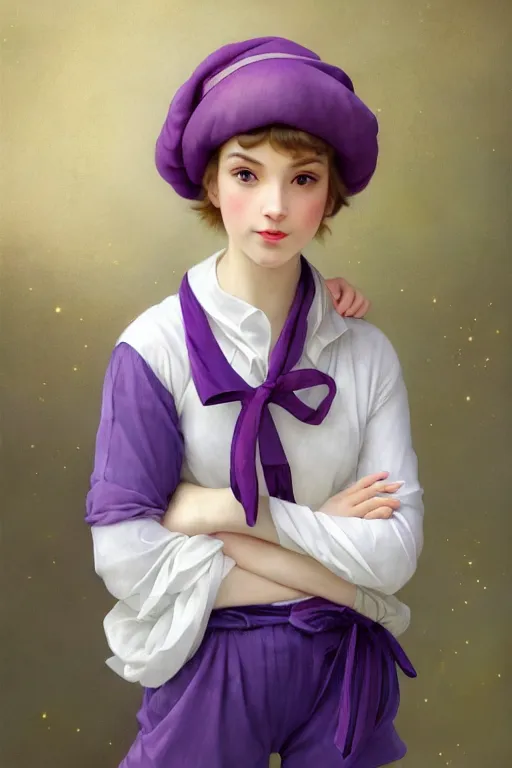 Image similar to Full View girl with short blond hair wearing an oversized purple Beret, Baggy Purple overall shorts, Short Puffy pants made of silk, silk shoes, a big billowy scarf, Golden Ribbon, and white leggings Covered in stars. Short Hair. masterpiece 4k digital illustration by Ruan Jia and Mandy Jurgens and Artgerm and william-adolphe bouguereau, award winning, Artstation, art nouveau aesthetic, Alphonse Mucha background, intricate details, realistic, panoramic view, Hyperdetailed, 8k resolution, intricate art nouveau