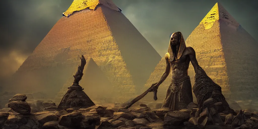 Prompt: Photorealistic epic intricate detailed dark wizard with arms outstretched, casting spells in front of an ominous Egyptian pyramid. a gentle rising mist, an epic rocky landscape. Art Nouveau, occult photorealism, UHD, amazing depth, glowing, golden ratio, 3D octane cycle unreal engine 5, volumetric lighting, cinematic lighting, cgstation artstation concept art