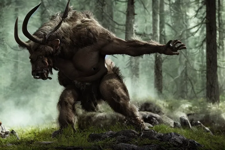 Image similar to vfx movie closeup detailed ancient warrior orc hunting elk in the forest, natural lighting by emmanuel lubezki