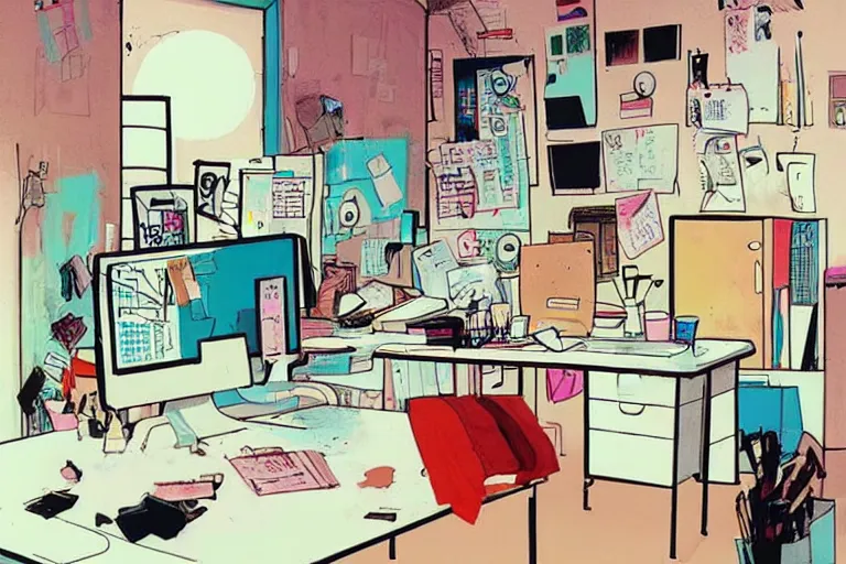 Image similar to messy office, style of studio ghibli + moebius + basquiat, cute, clean lines