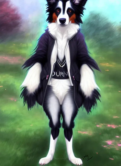 Prompt: full body digital painting of a cute male anthropomorphic border collie fursona wearing a jacket in front of a park, furaffinity, scenic background, intricate, elegant, beautiful, fantasy, highly detailed, trending on artstation, art by charlie bowater and henry asencio and and ross tran