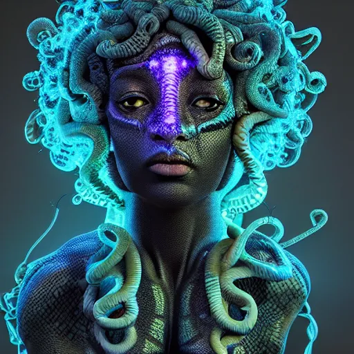Prompt: beautiful afro medusa head highly detailed snakes, cosmic horror, abstract, ghostly, arcade, duotone, poltergeist, epic lighting, intricate, elegant, highly detailed, smooth, sharp focus, photo real, ultra realistic, unreal engine 5, raytracing, in the style of beeple and mike winkelmann, ultraviolet colors