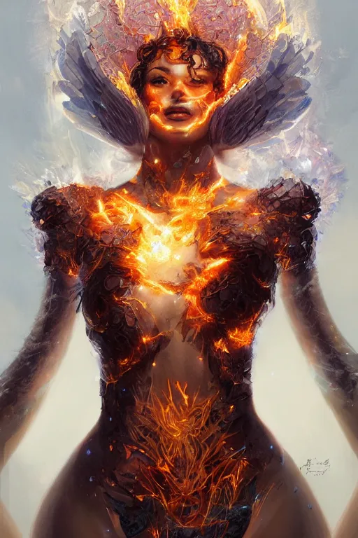 Image similar to torso closeup model wearing exploding fire crystal dress, sorcerer, diamonds, angel, fantasy, dramatic lighting, highly detailed, digital painting, holding electricity, magic the gathering, hyper detailed, 3 d render, hyper realistic detailed portrait, peter mohrbacher, wlop, ruan jia