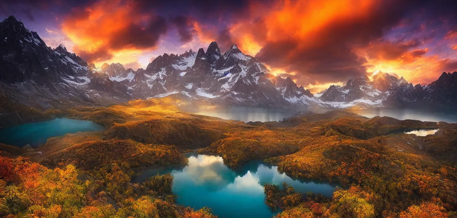 Image similar to amazing landscape photo of mountains with lake in sunset by marc adamus, beautiful dramatic lighting