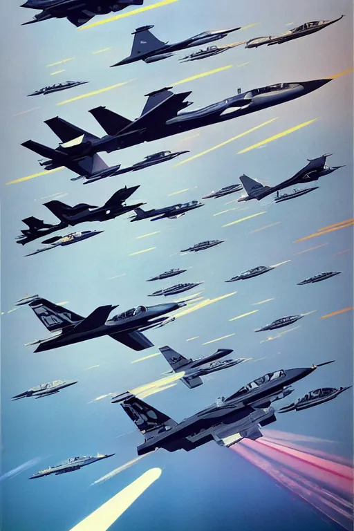 Image similar to a group of fighter jets flying next to each other, poster art by syd mead, behance, retrofuturism, dynamic composition, poster art, glitch art