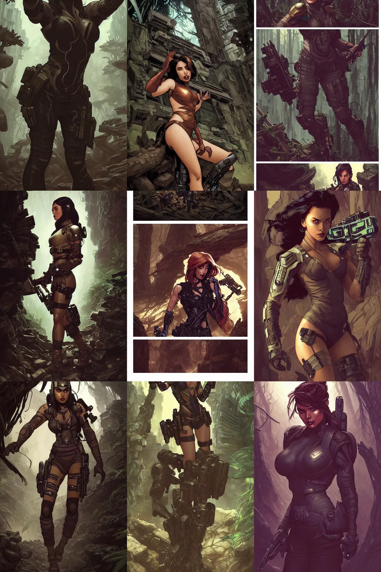 Prompt: marvel comics style comic panel illustrations, beautiful alluring special forces soldier in remote ancient ruins, deep in a dark forest, gorgeous face, cyberpunk, sci - fi, fantasy, intricate, elegant, highly detailed, digital painting, artstation, concept art, smooth, sharp focus, illustration, art by artgerm and greg rutkowski and alphonse mucha and lin hsiang