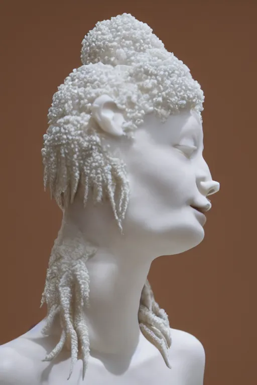 Image similar to full head and shoulders, bjork porcelain sculpture, smooth, delicate facial features, white eyes, white lashes, detailed white, lots of white coral sea elements, fish, sea anemones, all white features on a white background, by daniel arsham and james jean