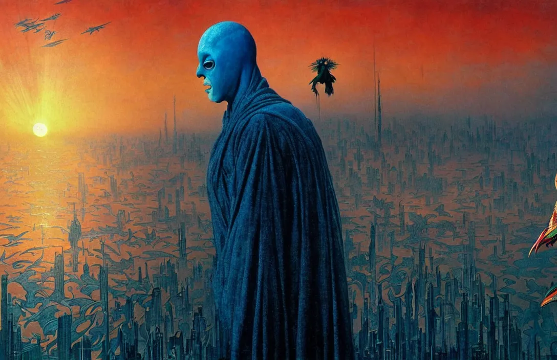 Prompt: realistic detailed portrait movie shot of a birdman wearing dark ragged robes, futuristic city sunset landscape background by denis villeneuve, amano, yves tanguy, alphonse mucha, ernst haeckel, max ernst, roger dean, ridley scott, rich moody colours, blue eyes