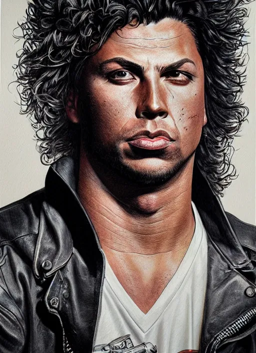 Image similar to portrait of ronaldo nazario, gritty, dark, wearing a leather jacket, very detailed eyes, hyperrealistic, very detailed painting by glenn fabry, by joao ruas, by artgerm