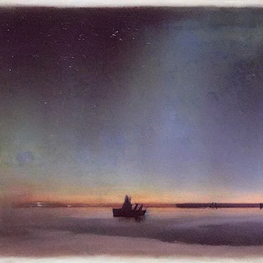 Image similar to the epic abstract painting'blue arctic void with black and red aurora borealis above a tiny inuit village ', by caspar david friedrich!!!, by rothko!!!, stunning masterpiece, trending on artstation