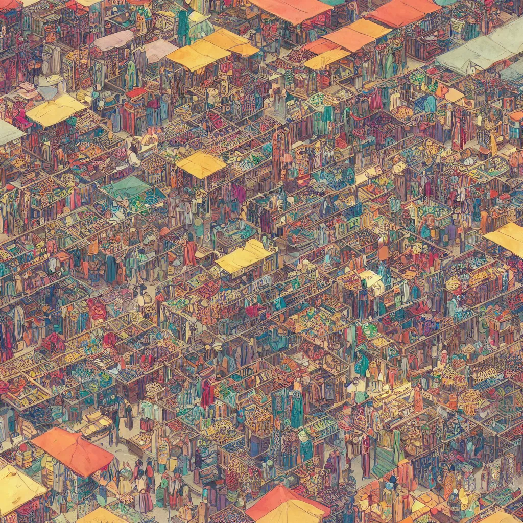 Prompt: isometric view illustration of a Souk in Marrakesh, highly detailed mid day by Victo Ngai