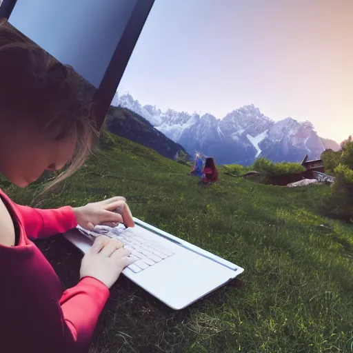 Image similar to smart female junior developer working with laptop in front of a modern campus building outside in the mountains in summer, alps, 4k, digital art, highly detailed, artstation, 8k, ultrafine detail