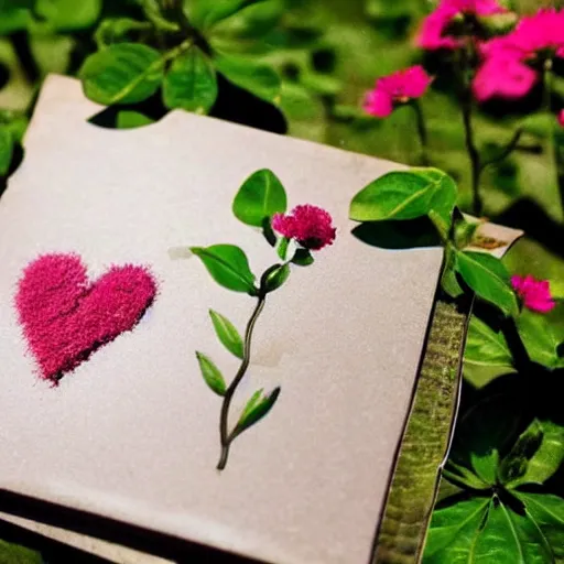 Prompt: A picture of a delicate plant that has hearts as the flowers. Some hearts are flying away from the plant in the background with the wind