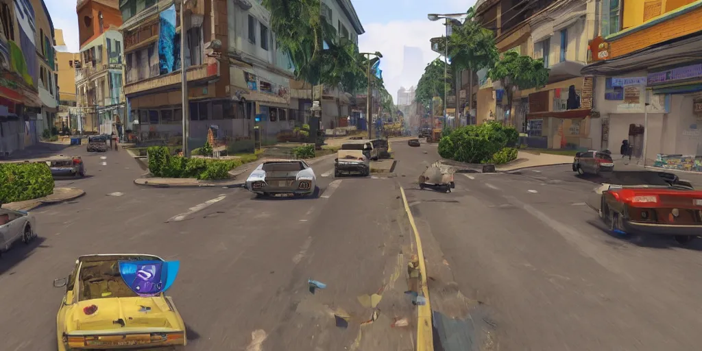 Image similar to guatemala city if it was a game like grand theft auto v with player view perspective, hud, with realistic visuals and award winning gameplay